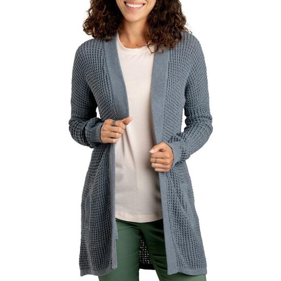 Toad & Co Recycled Denim Waffle Knit Cardigan Sweater Gray Small Long Line - Picture 10 of 13